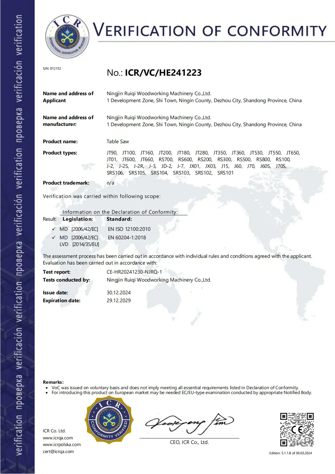 CE certification document