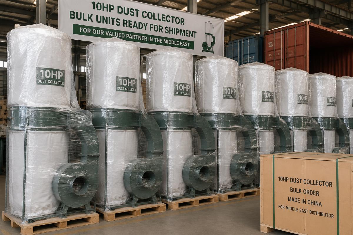 10HP dust collector bulk units ready for shipment for a Middle Eastern wood machinery distributor