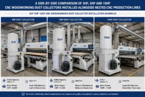 A side-by-side comparison of 3HP, 5HP and 10HP CNC woodworking dust collectors installed alongside nested CNC production lines