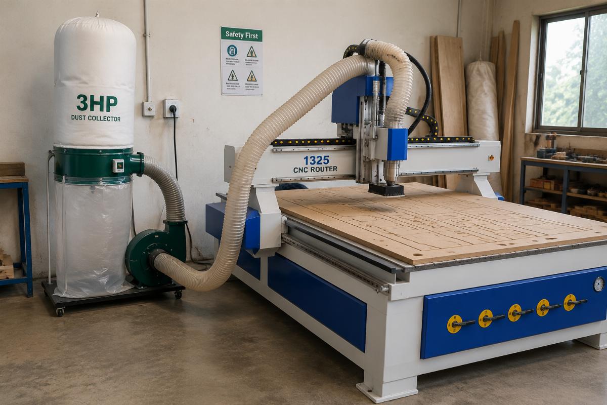 A 3HP dust collector installed alongside a 1325 CNC router in a small woodworking workshop
