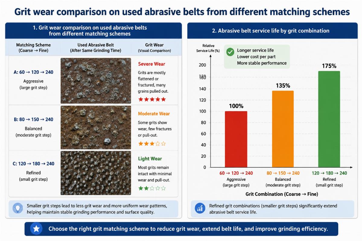 abrasive belt service life by grit combination Grit wear comparison on used abrasive belts from different matching schemes