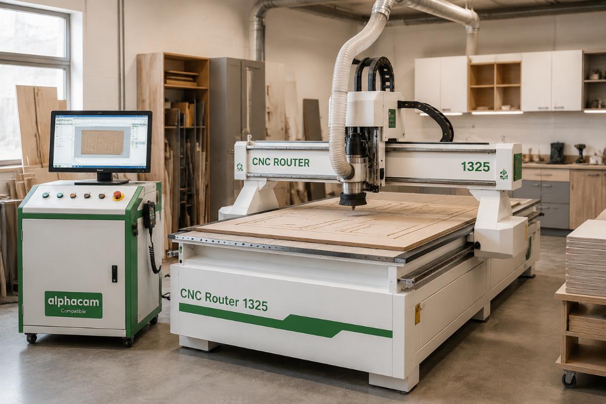 Alphacam CNC router for mid-sized cabinet manufacturers Alphacam compatible 1325 CNC router in a small cabinet workshop