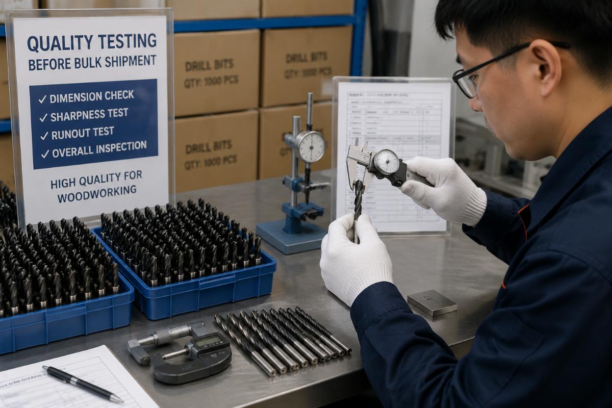 bulk drill bit quality testing for woodworking Quality testing of drill bits before bulk shipment at a supplier facility