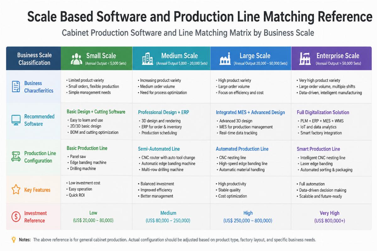 Cabinet production software and line matching matrix by business scale Scale based software and production line matching reference