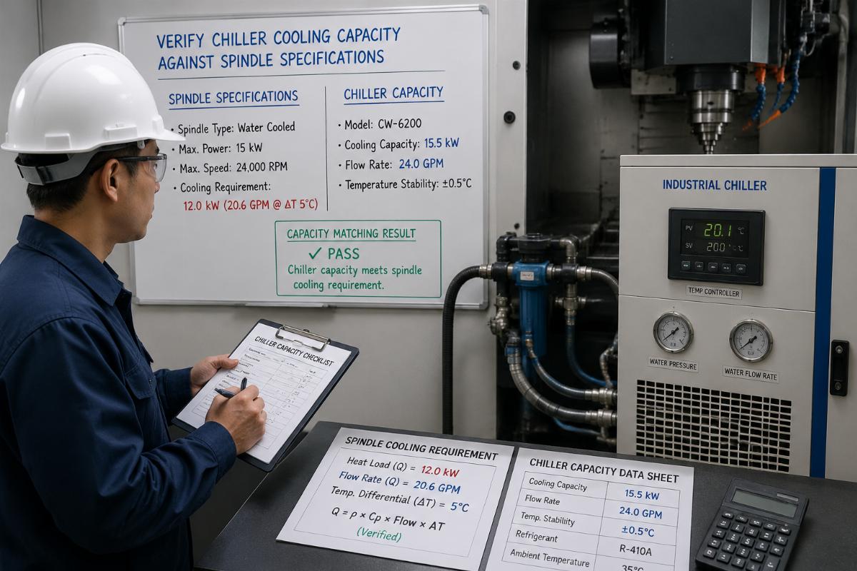 Technician verifying chiller cooling capacity against spindle specifications