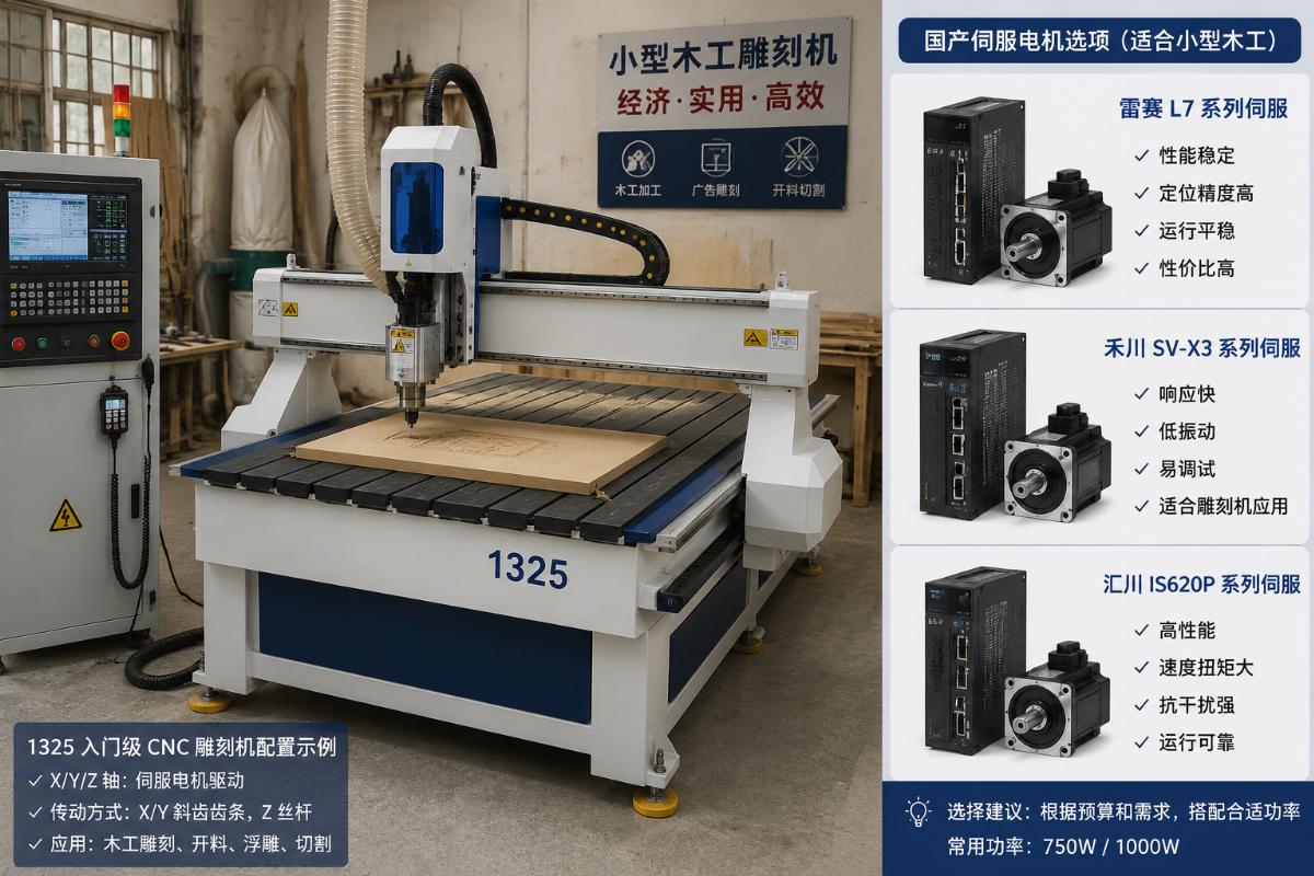 Chinese-made servo motor installed on a 1325 entry-level CNC router in a small workshop