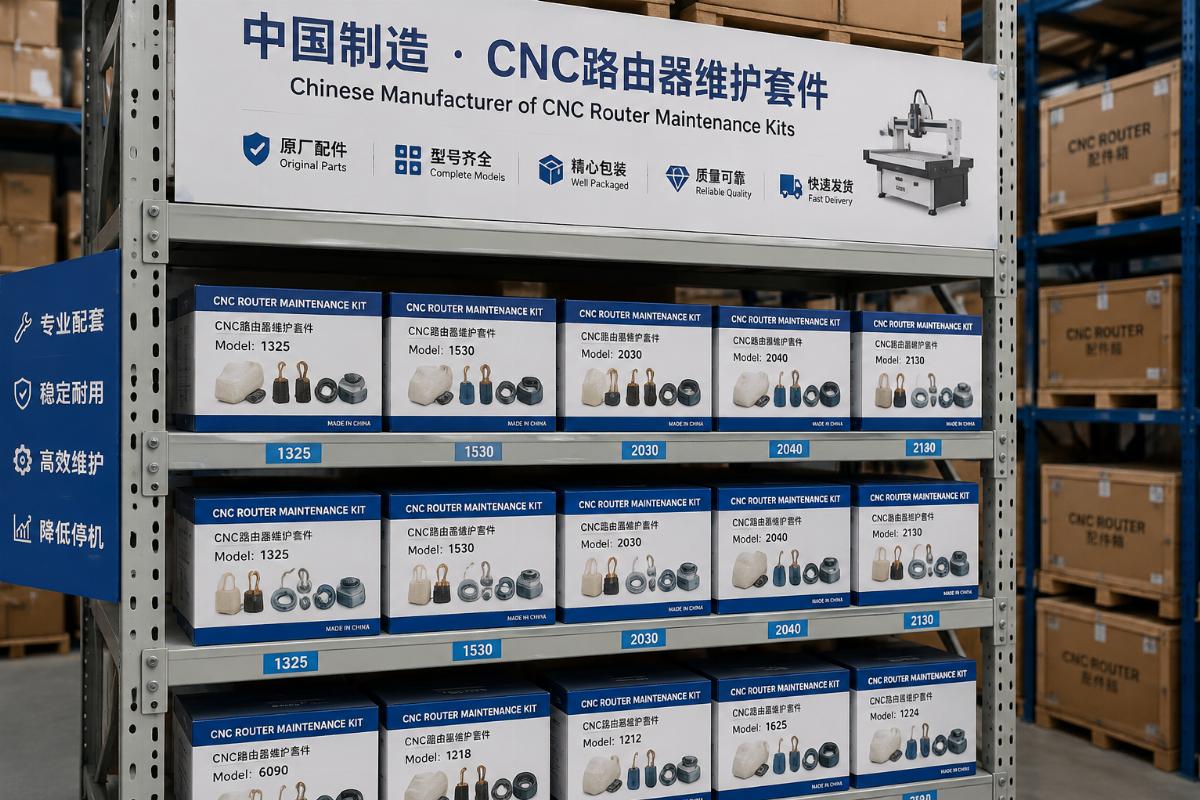 Chinese manufacturer pre-packaged CNC router maintenance kits A warehouse shelf stocked with pre-packaged, model-specific CNC router maintenance kits from a Chinese manufacturer