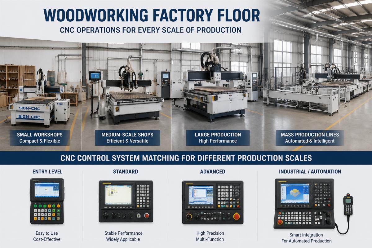 CNC control system matching for different production scales Woodworking factory floor with different scale CNC operations from small workshops to large production lines