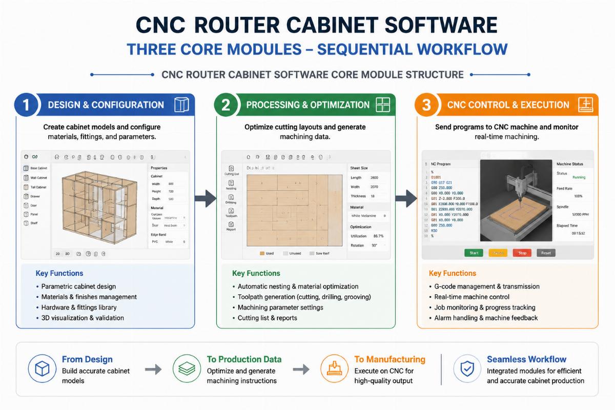 CNC router cabinet software core module structure Three core modules of a qualified CNC router cabinet software bundle arranged in a sequential workflow