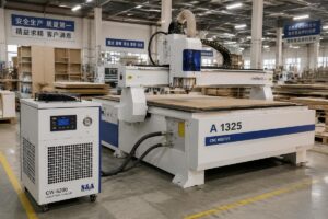 A 1325 CNC router paired with a dedicated chiller running in a mid-scale panel furniture factory