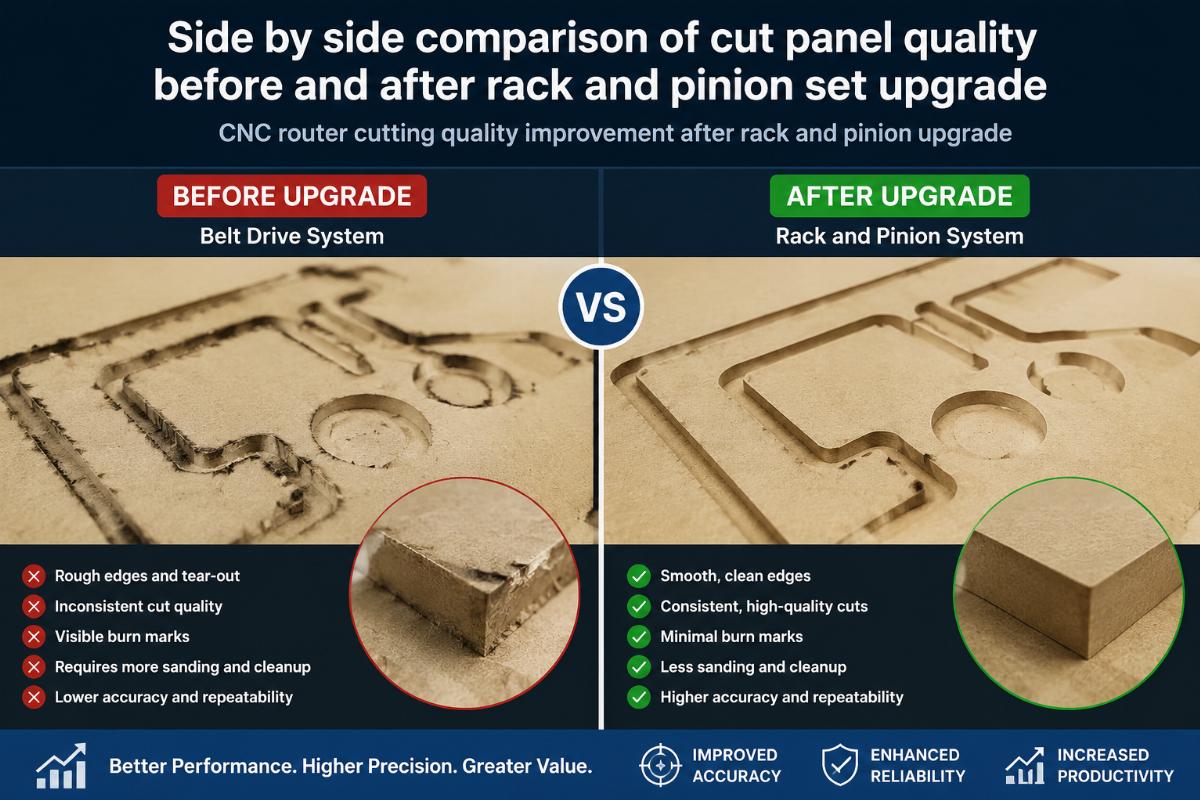 CNC router cutting quality improvement after rack and pinion upgrade Side by side comparison of cut panel quality before and after rack and pinion set upgrade