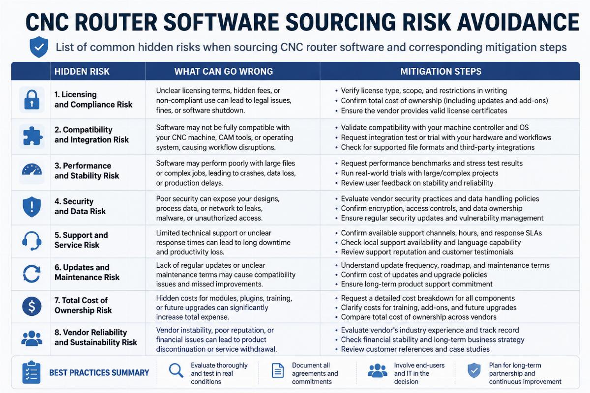 CNC router software sourcing risk avoidance List of common hidden risks when sourcing CNC router software and corresponding mitigation steps
