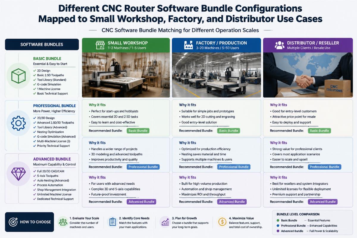 CNC software bundle matching for different operation scales Different CNC router software bundle configurations mapped to small workshop, factory, and distributor use cases