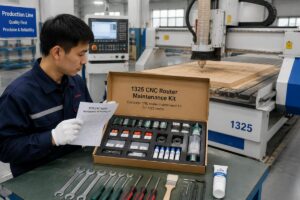 A production line operator inspecting a complete, model-matched CNC router maintenance kit next to a running 1325 CNC router