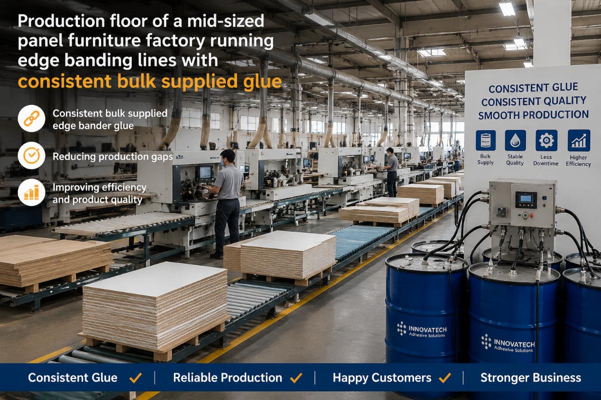 Consistent bulk supplied edge bander glue reducing production gaps Production floor of a mid-sized panel furniture factory running edge banding lines with consistent bulk supplied glue