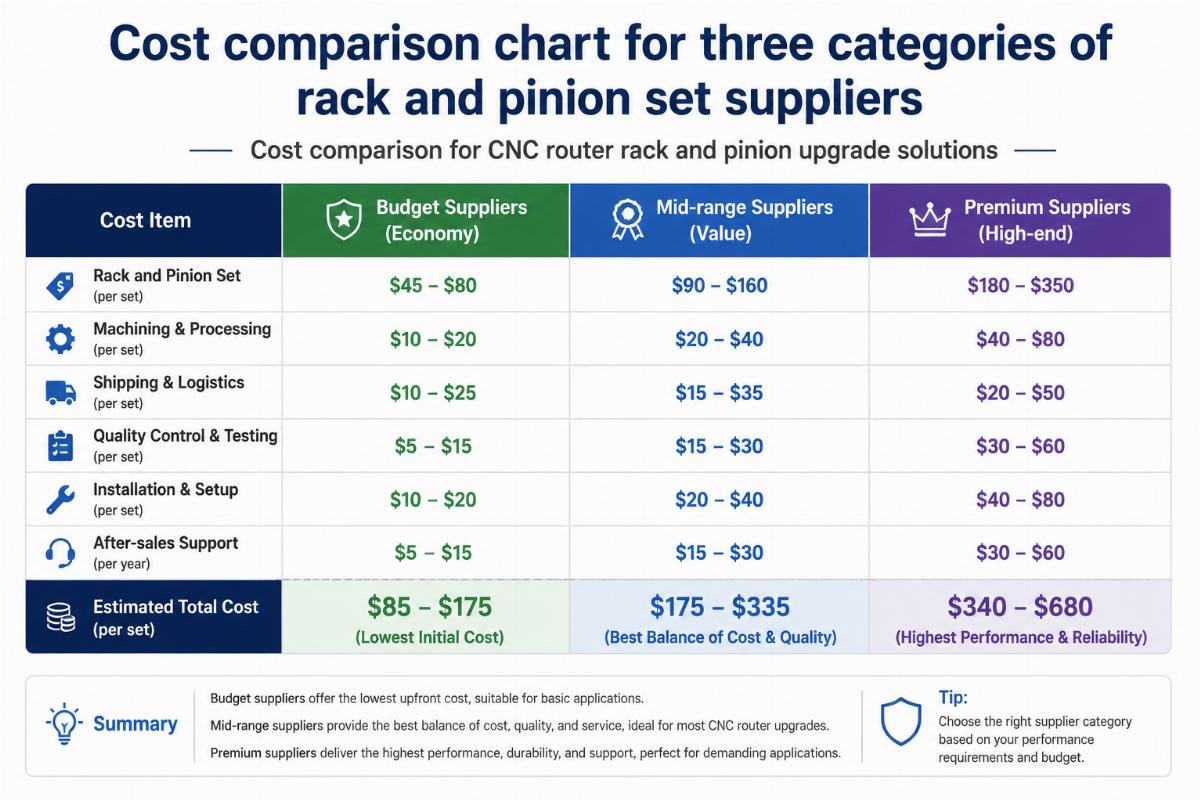 Cost comparison for CNC router rack and pinion upgrade solutions Cost comparison chart for three categories of rack and pinion set suppliers
