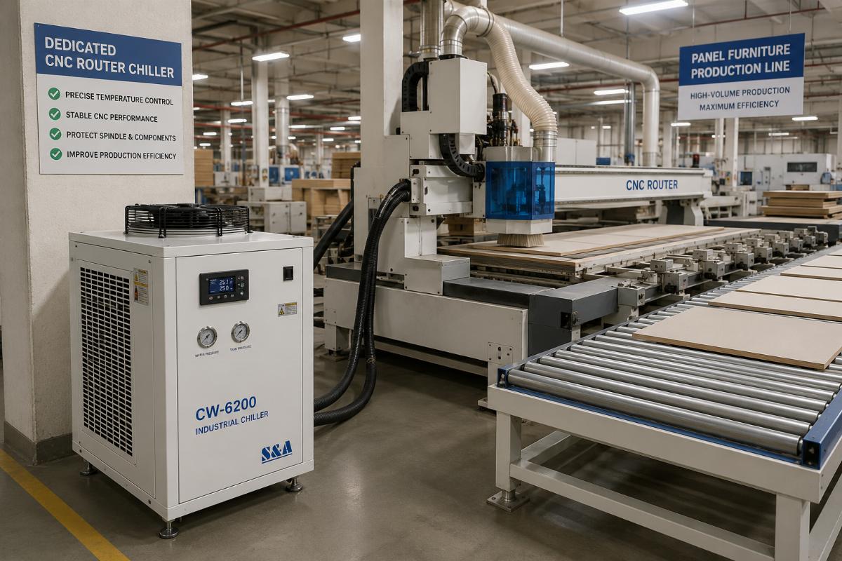 Dedicated CNC router chiller installed next to a panel furniture production line