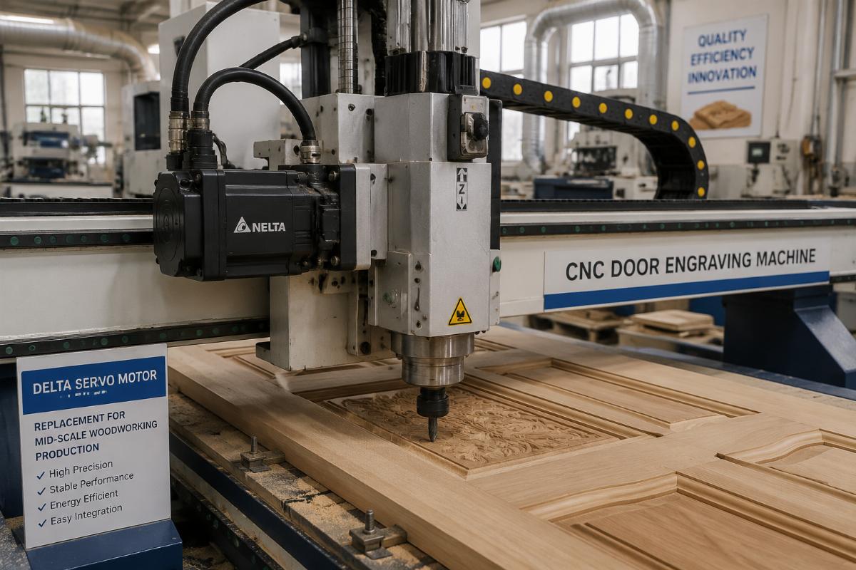 Delta servo motor mounted on a CNC door engraving machine in a production workshop