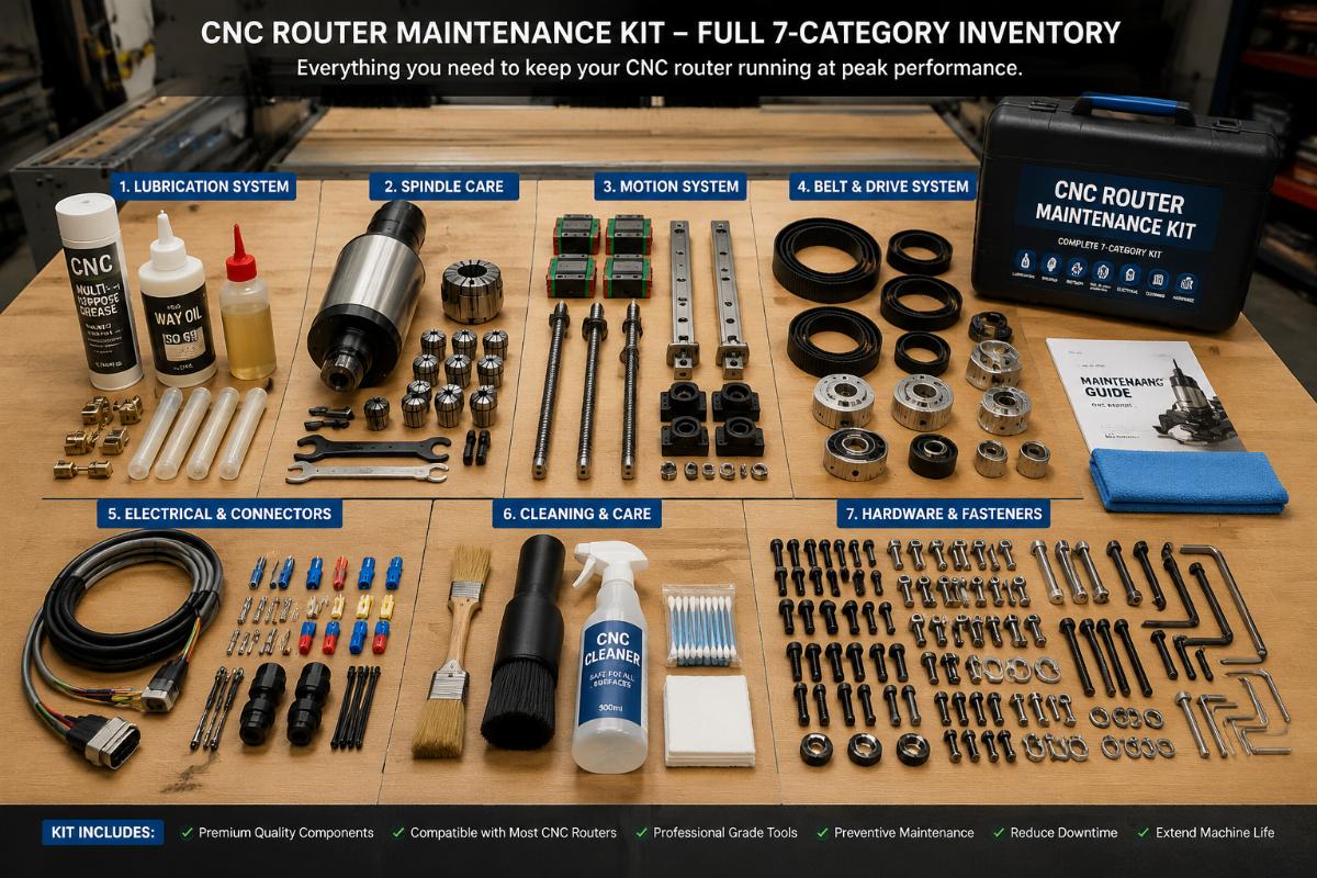 Full CNC router maintenance kit component breakdown Inventory of a full 7-category CNC router maintenance kit laid out on a workshop workbench