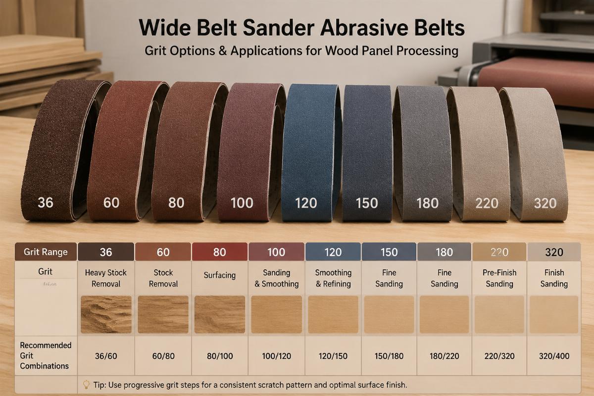 grit combinations for wood panel processing Different grit wide belt sander abrasive belts laid out by application