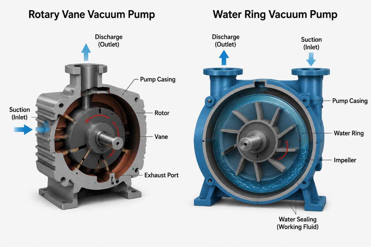 Internal structure comparison of two vacuum pump types Side-by-side cutaway diagrams showing internal structure of rotary and water ring vacuum pumps