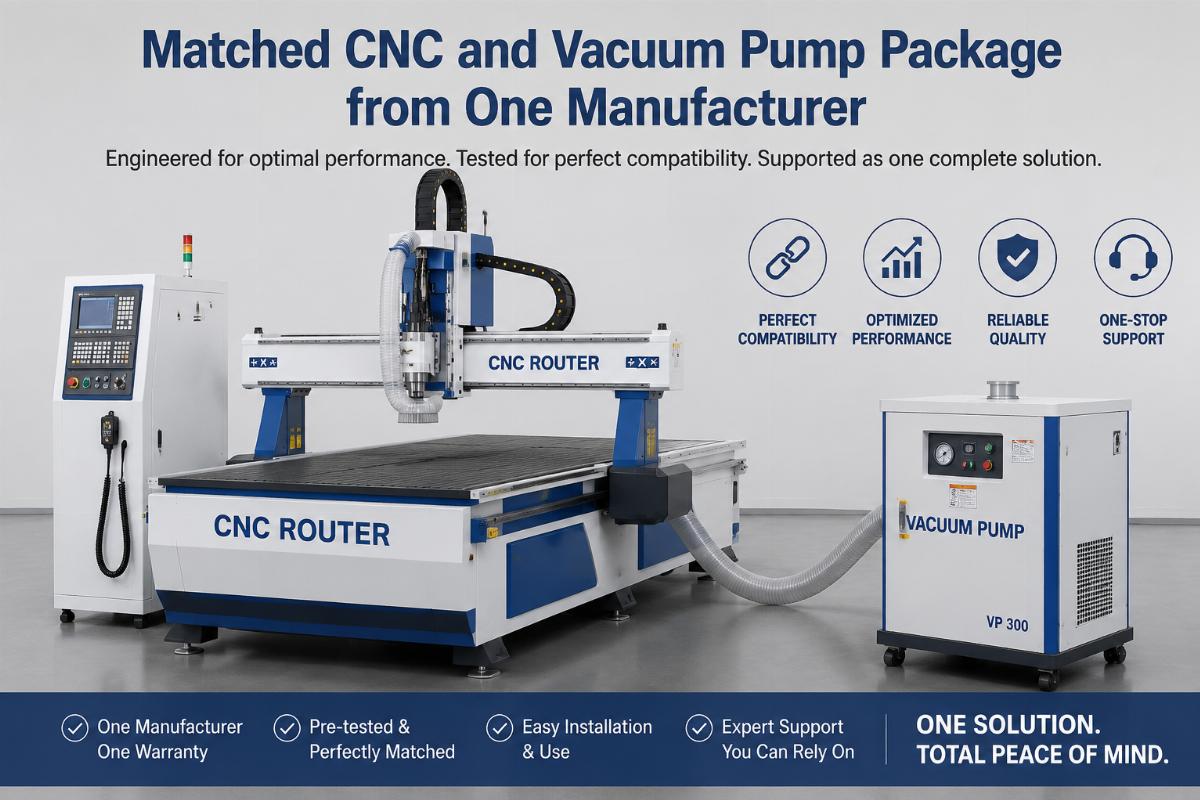 Matched CNC and vacuum pump package from one manufacturer Example of a matched CNC router and vacuum pump package from a single supplier
