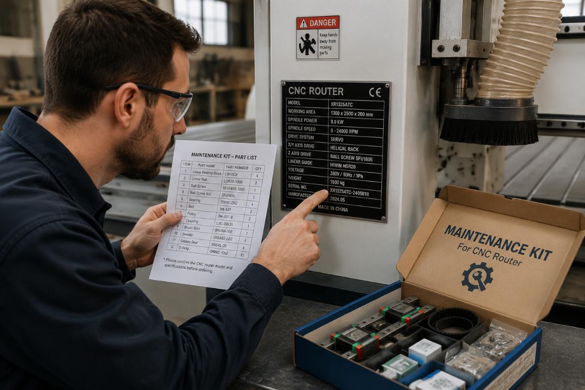 Matching maintenance kit to CNC router model specs A workshop technician cross-referencing a maintenance kit part list against a CNC router's specification plate