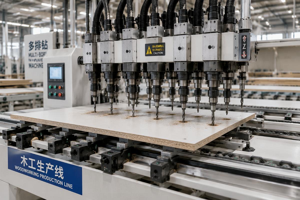 multi-boring drill bits for woodworking production Multi-boring machine operating on a panel woodworking production line