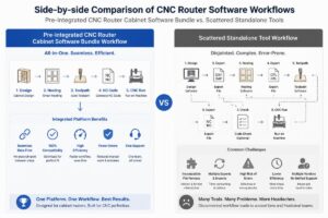 Side-by-side comparison of a pre-integrated CNC router software workflow vs scattered standalone tool workflow
