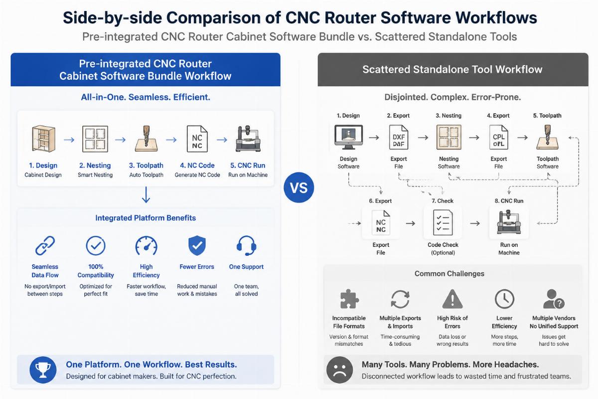 pre-integrated CNC router cabinet software bundle workflow Side-by-side comparison of a pre-integrated CNC router software workflow vs scattered standalone tool workflow