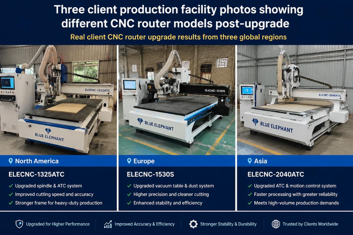 Real client CNC router upgrade results from three global regions Three client production facility photos showing different CNC router models post-upgrade