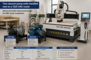 Two vacuum pump units installed next to a 1325 CNC router in a woodworking workshop