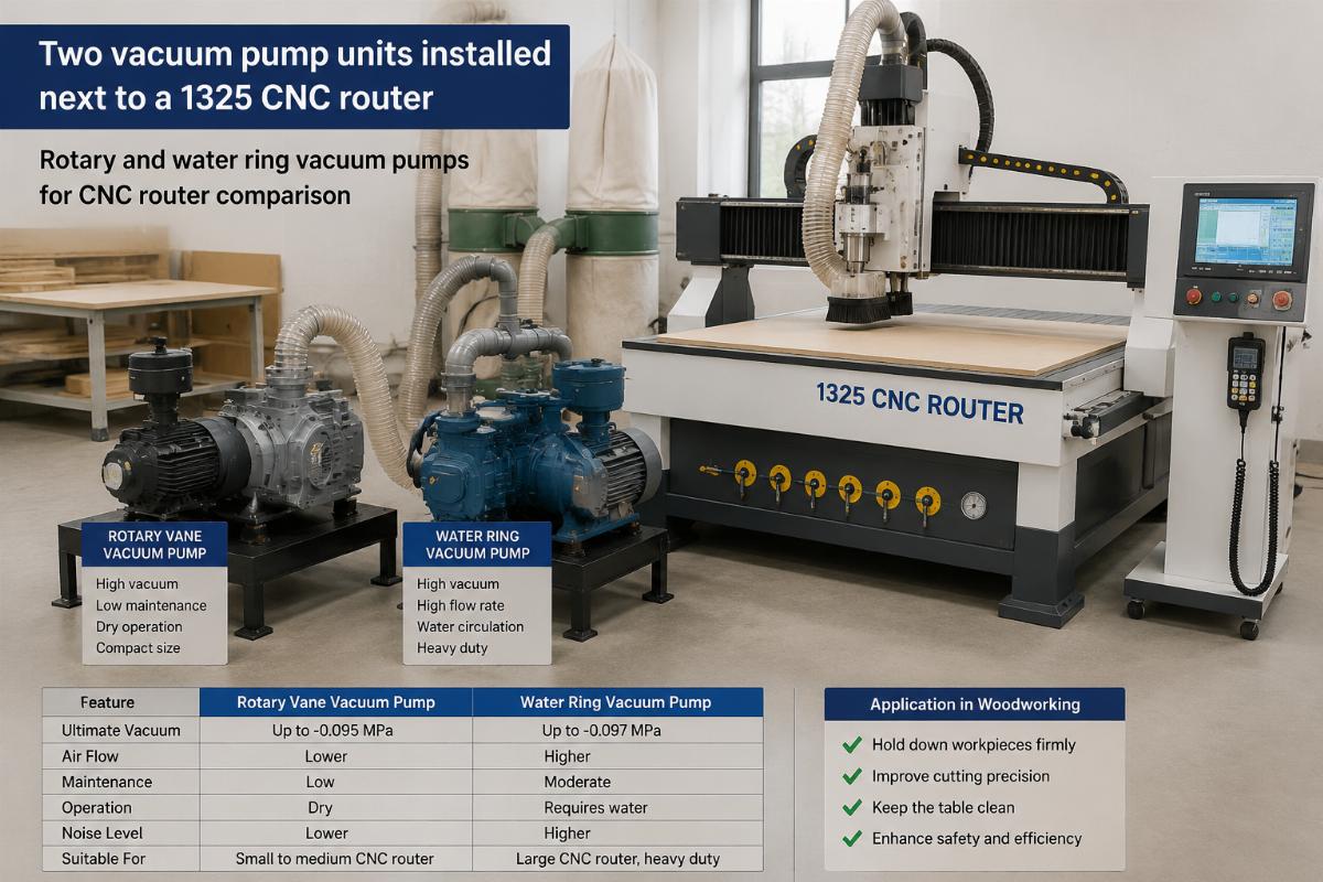 Rotary and water ring vacuum pumps for CNC router comparison Two vacuum pump units installed next to a 1325 CNC router in a woodworking workshop