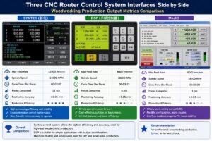 Three CNC router control system interfaces side by side with woodworking production output metrics