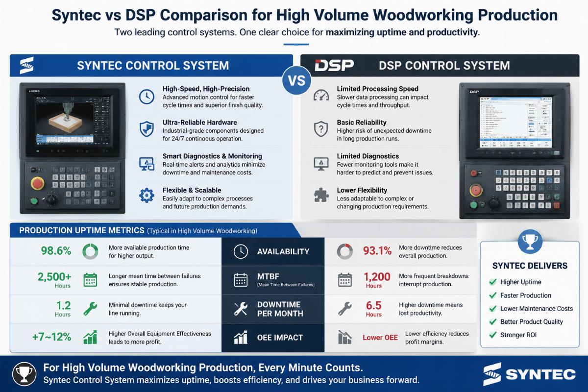 Syntec vs DSP comparison for high volume woodworking production Syntec and DSP control system side by side with production uptime metrics