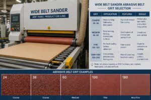 Wide belt sander running abrasive belt on MDF panel production line