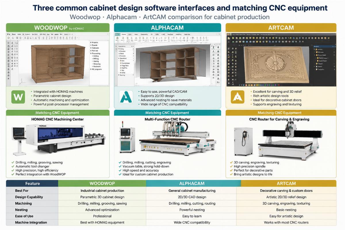 Woodwop Alphacam ArtCAM comparison for cabinet production Three common cabinet design software interfaces and matching CNC equipment