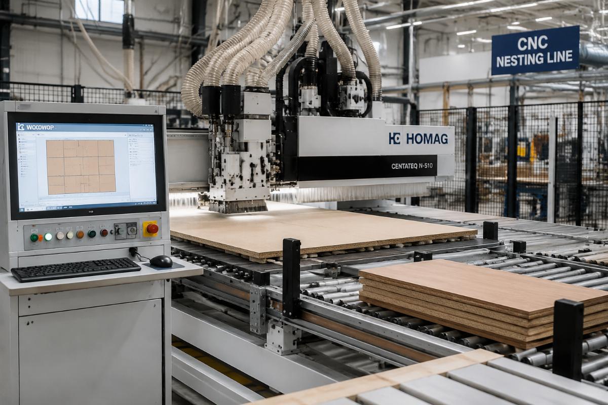 Woodwop CNC production line for high volume cabinet manufacturing Woodwop compatible CNC nested machining center in operation