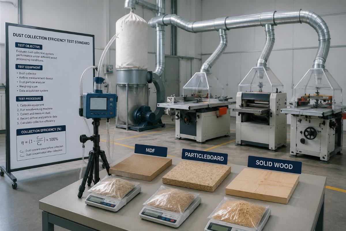Dust collection efficiency test setup for MDF, particleboard and solid wood processing scenarios