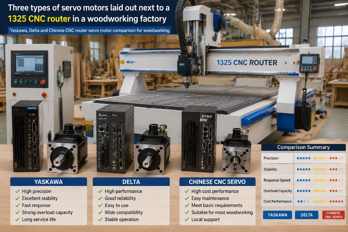 Three types of servo motors laid out next to a 1325 CNC router in a woodworking factory