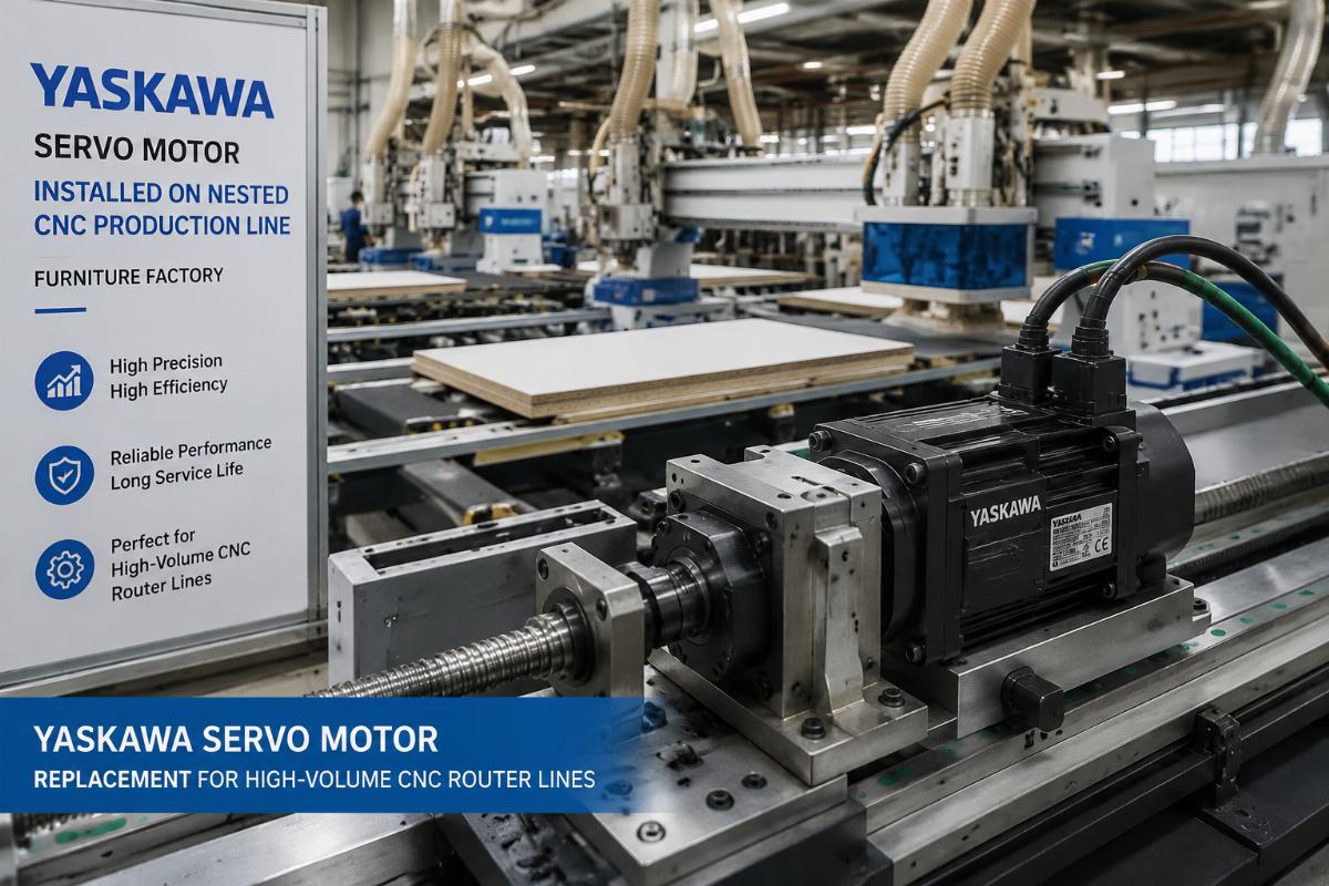 Yaskawa servo motor installed on a nested CNC production line in a furniture factory